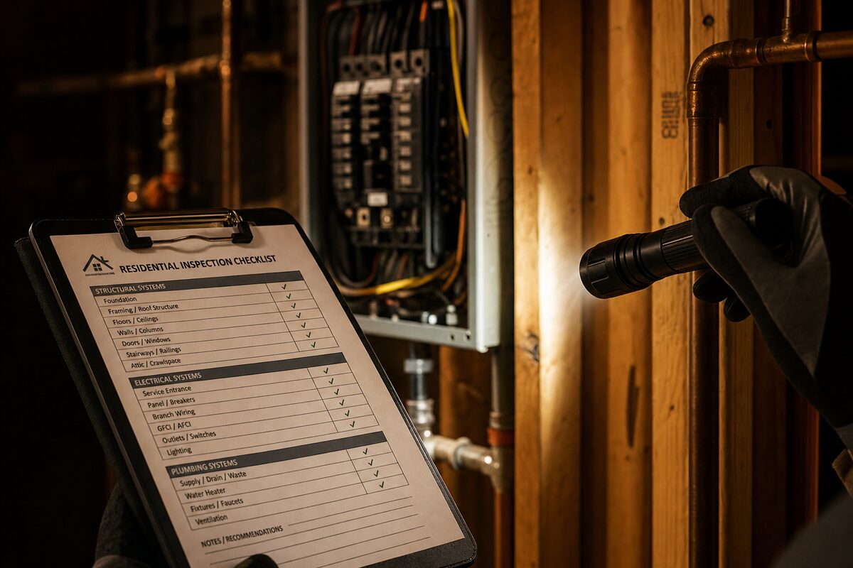 Professional inspector documenting an electrical panel with a flashlight and inspection checklist