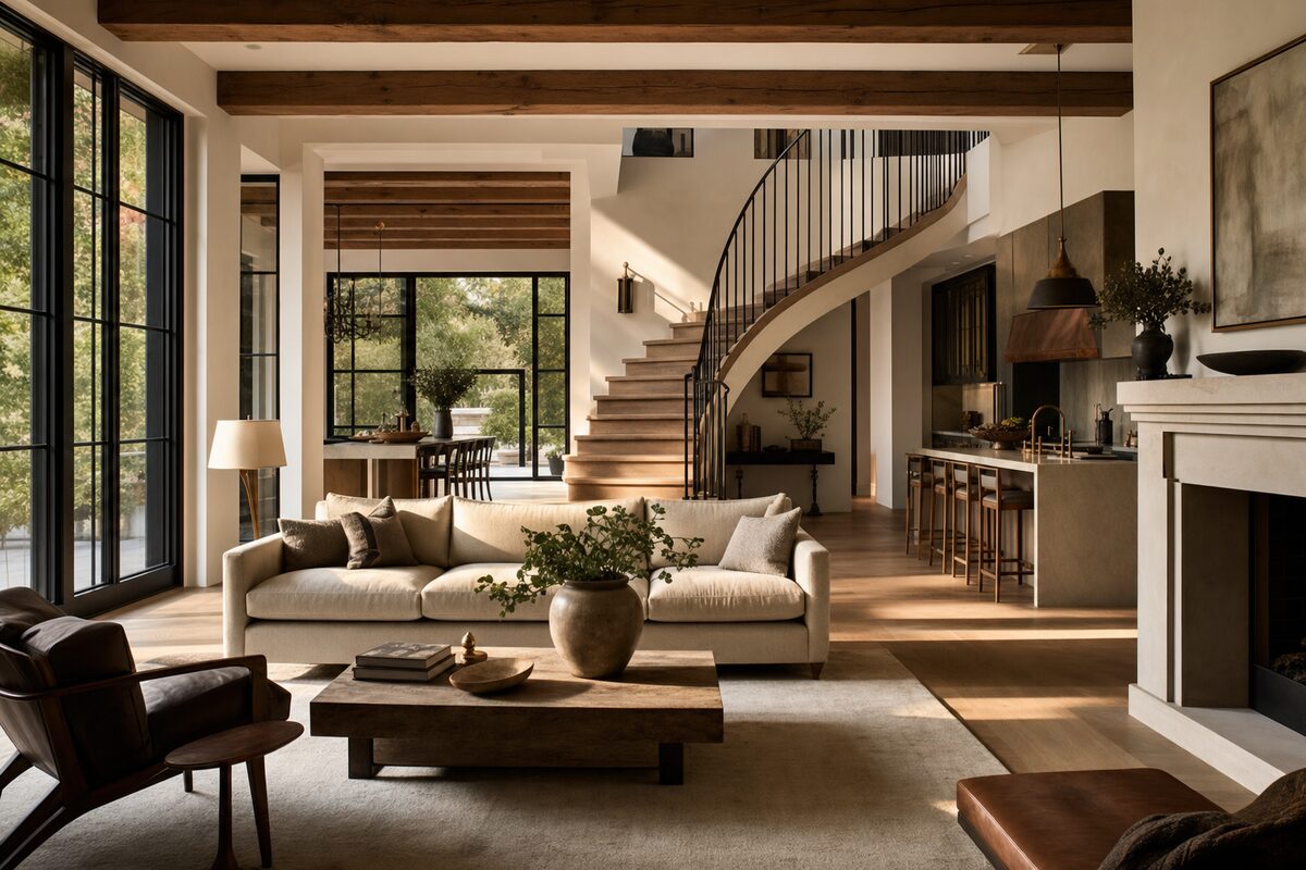 Refined custom home interior with warm white oak floors and steel-framed windows