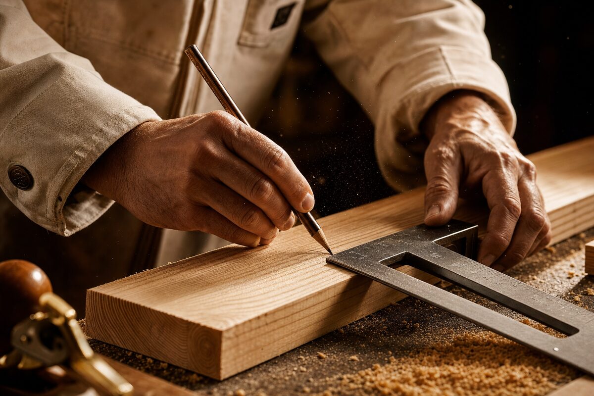Hands of a general contractor measuring and marking framing lumber with a square