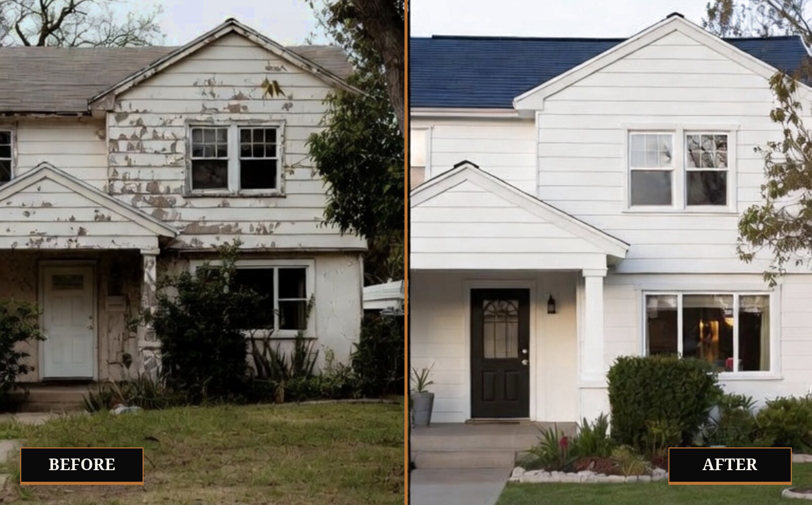 Two-story exterior remodel by On Point Design Construction showing peeling paint and worn siding restored to fresh white siding, dark roof, and refreshed landscaping