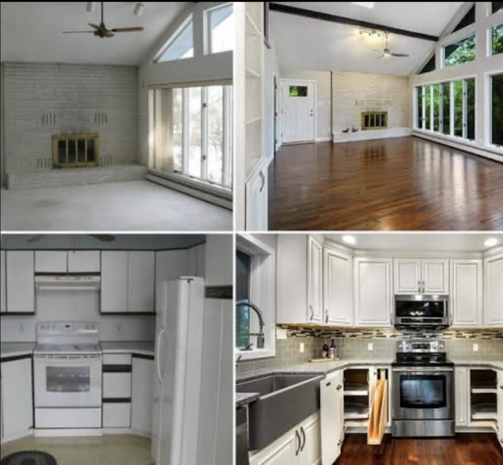 Interior renovation gallery by On Point Design Construction showing kitchen and living-room before-and-after pairings across multiple homes