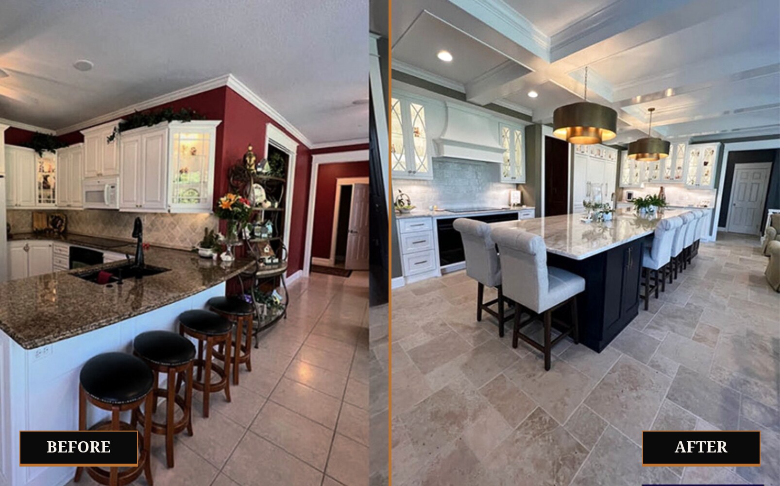 Kitchen remodel by On Point Design Construction showing before and after with opened layout, coffered ceiling, and large island