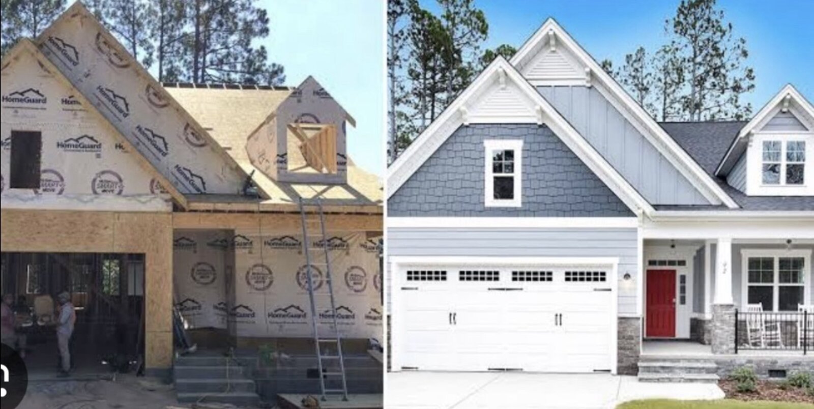 New residential construction by On Point Design Construction shown from framing through finished traditional-style exterior with white siding and red door
